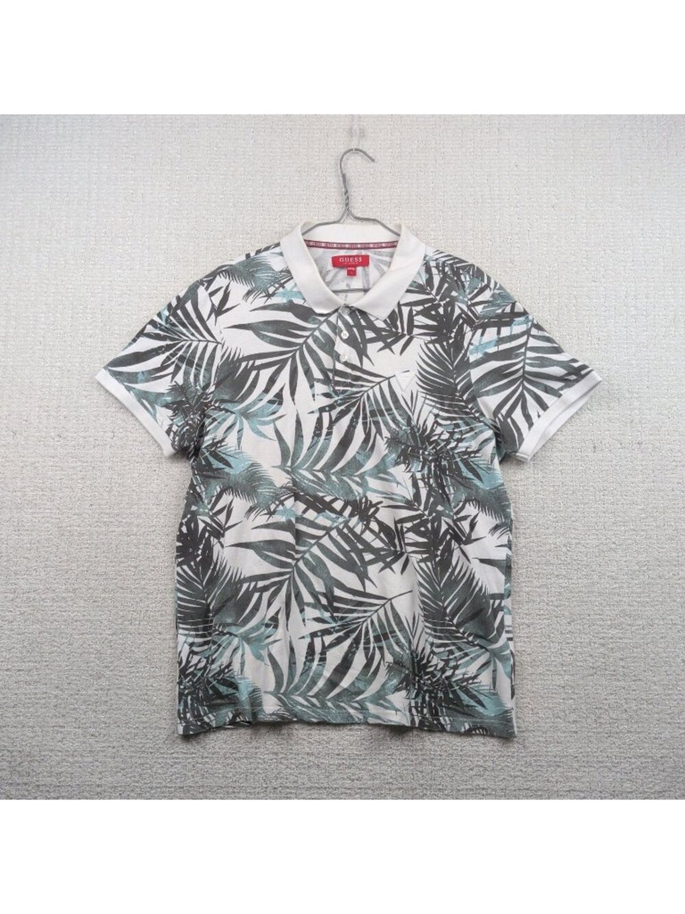 Guess Polo Shirt Men's L Green Palms Tree Floral Hawaii Knit Preppy Golf Beach